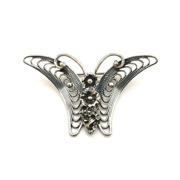 Beau Sterling Silver Flower Center Butterfly Brooch Pin Signed Vintage - Picture 6 of 12